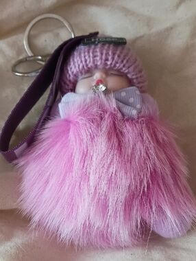Plush Pink Fur Doll Keychain with Knitted Hat - Kids Accessories